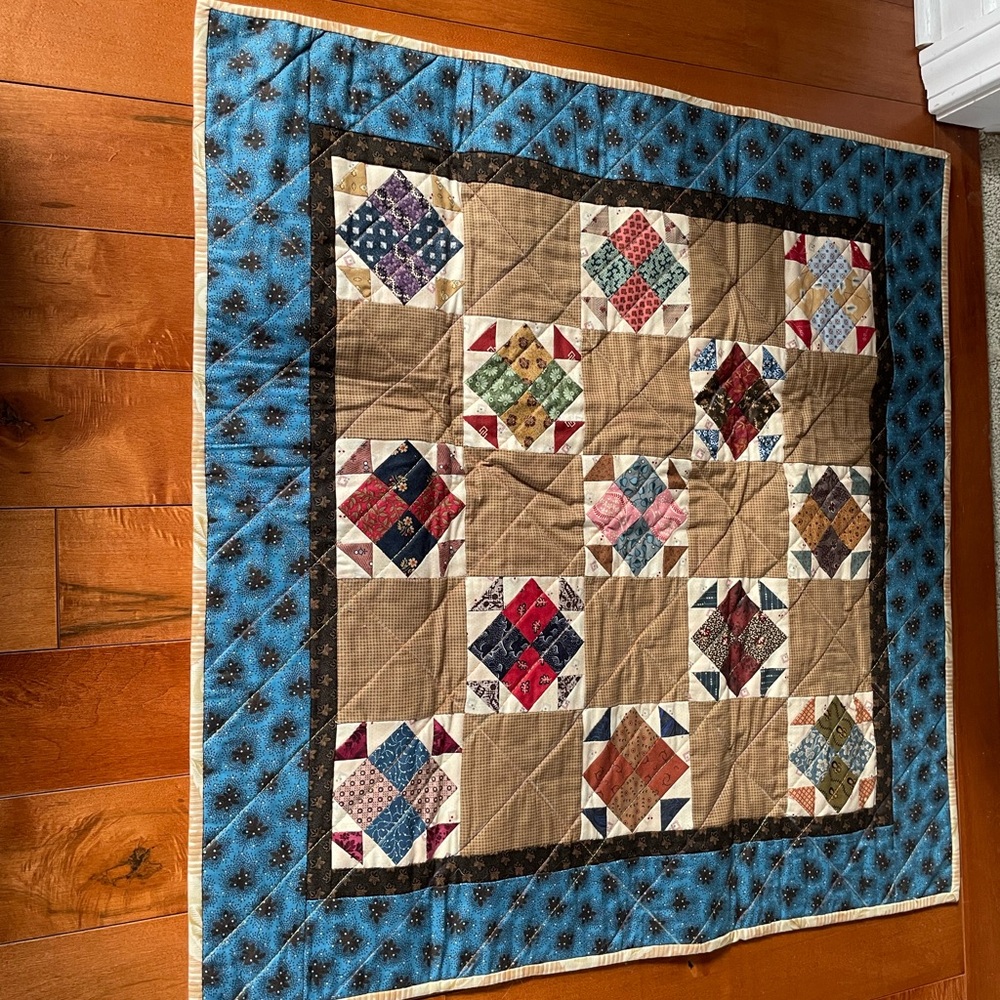 Handmade Patchwork Quilt - Blue and Tan